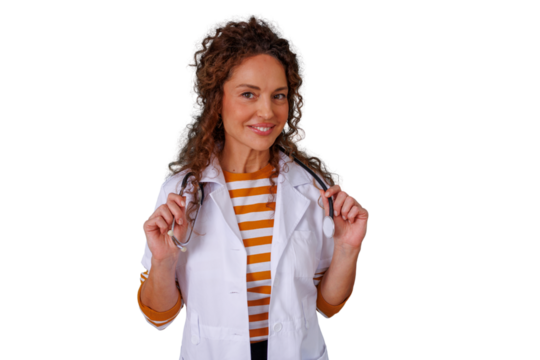 Female doctor with curly hair smiling and holding stethoscope, representing healthcare, medicine, and wellness, transparent background