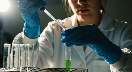 Woman scientist drops liquid into test tube. Laboratory research and scientific experiment. Medical or cosmetic product development concept.