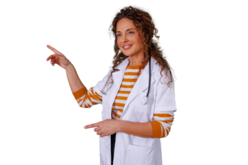 Female doctor in a white lab coat and stethoscope, smiling and pointing, presenting medical advice on transparent background