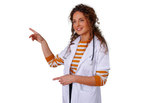 Female doctor in a white lab coat and stethoscope, smiling and pointing, presenting medical advice on transparent background