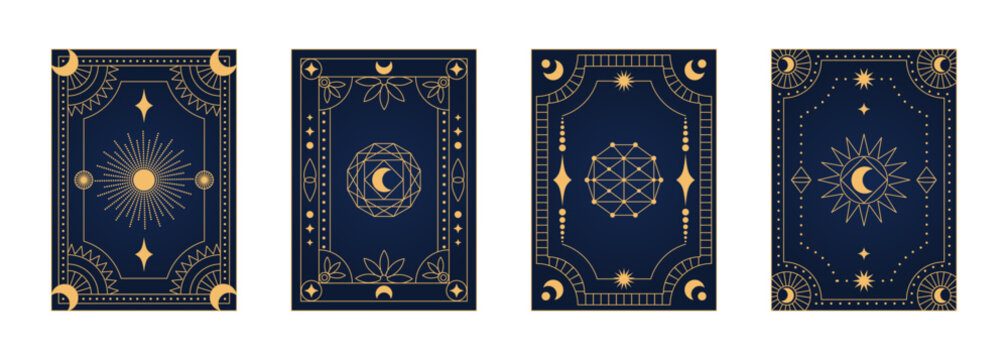 Set of celestial tarot or oracle card backs with gold esoteric symbols sun, moon, stars and geometric art deco frames on indigo background. Editable vector illustration.