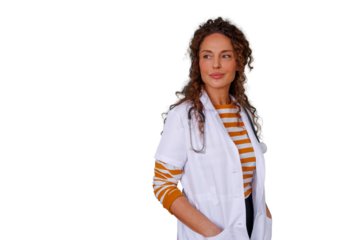 Female doctor wearing lab coat and stethoscope, hands in pockets, looking away on transparent background