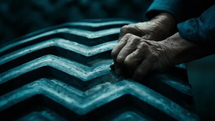 Medium shot of a skilled worker cutting precise zigzag patterns into the surface of a retreaded tire enhancing tread depth for improved traction.