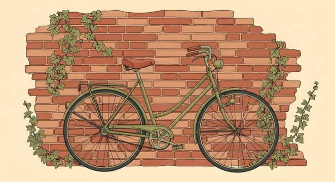 Vintage bicycle against brick wall with ivy illustration for travel and outdoor adventure enthusiasts art print