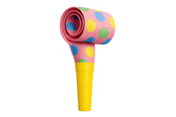 Party blower with pink polka dots and yellow mouthpiece, celebrating birthdays, holidays, children's parties, fun, anniversary
