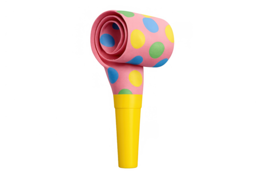 Party blower with pink polka dots and yellow mouthpiece, celebrating birthdays, holidays, children's parties, fun, anniversary