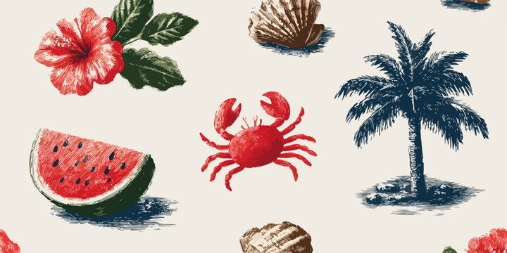 Letnia kompozycja z tropikalnymi elementami: hibiskus, palma, arbuz, krab i muszle.