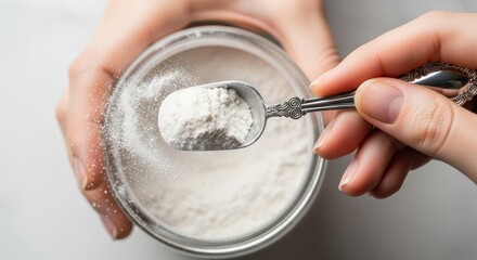 Hand scooping white supplement powder from jar. Suitable for protein, sports nutrition, measurement, healthy lifestyle, diet, fitness, energy boost, daily routine.