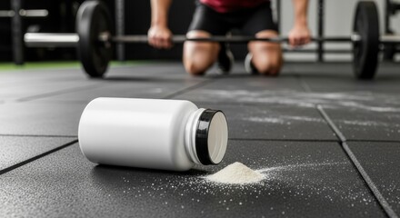 Spilled supplement jar with powder on gym floor, barbell and athlete. Ideal for sports nutrition, workout, energy, protein, fitness, bodybuilding, strength, recovery.