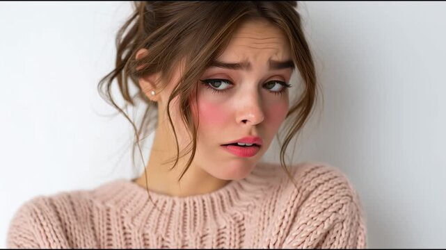 Attractive young lady displaying various expressions of shame, embarrassment, and unease as she blushes and glances around anxiously, set against a white backdrop in a studio environment