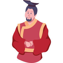 Ancient Chinese Man In Traditional Red Robes And Hat Standing With Clasped Hands Isolated On White Background