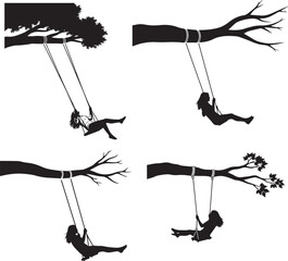 Tree Swing Silhouette Set – Minimalist Black & White Vector Illustrations of Childhood Joy and Nature’s Serenity