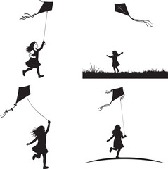 Kite Flying Silhouette Set – Minimalist Black & White Vector Illustrations of Children Playing Outdoors