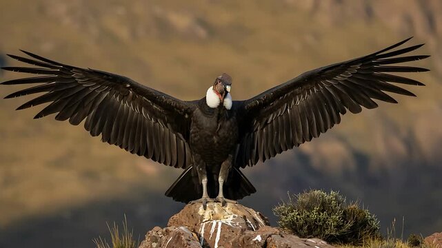 Andean Condor majestically showing its wings, standing proud on a rocky outcrop in nature