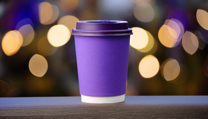 Purple Takeaway Coffee Cup Against Christmas Tree Bokeh Background. Generated Image