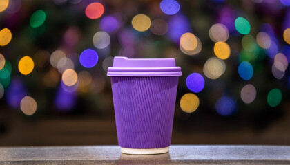 Purple Takeaway Coffee Cup Against Christmas Tree Bokeh Background. Generated Image