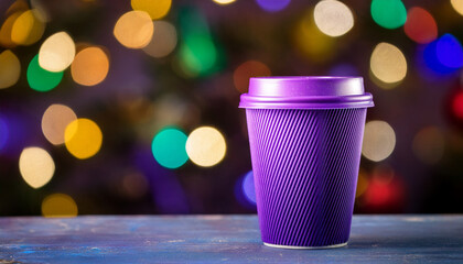 Purple Takeaway Coffee Cup Against Christmas Tree Bokeh Background. Generated Image