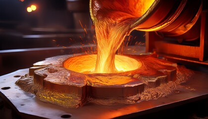close up view of molten copper pouring into a mold generative ai