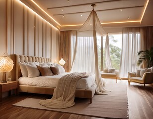 luxurious bedroom interior canopy bed with sheer white drapes warm ambient lighting from bedside lamps back wall creates serene mood elegant neutral palette with plush rug large window with soft