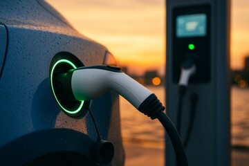 Electric car charges at a waterfront station at sunset, plug glowing green on a blue body. Concept of clean mobility and smart energy. For a blog post on electric mobility