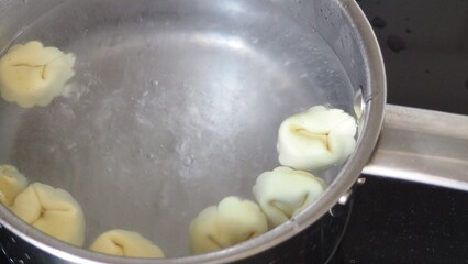 Tortellini with parmesan, ready to eat, Italian ravioli pasta with spinach and ricotta on white table, traditional italian food with herbs and vegetables