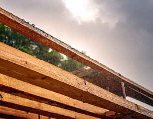 timber beams soaked in rain at construction site generative ai