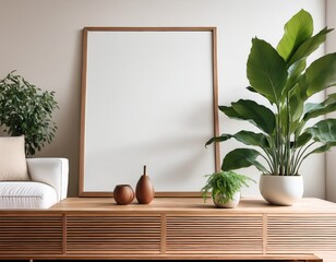 trendy and cozy spring living room with a mock up poster frame sleek wooden sideboard soft white sofa green plant stand with vibrant leaves