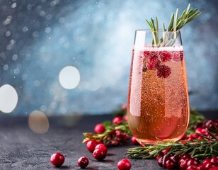 a sparkling cranberry mimosa garnished with rosemary and cranberries with a snowy background