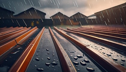 wet metal roofing sheets during a rainstorm generative ai