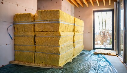 mineral wool insulation layers on indoor construction site generative ai