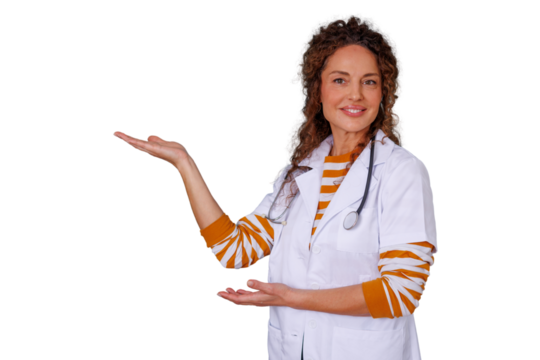 Female doctor presenting or showing with open hands, empty copy space for medical advertising and healthcare information - Powered by Adobe