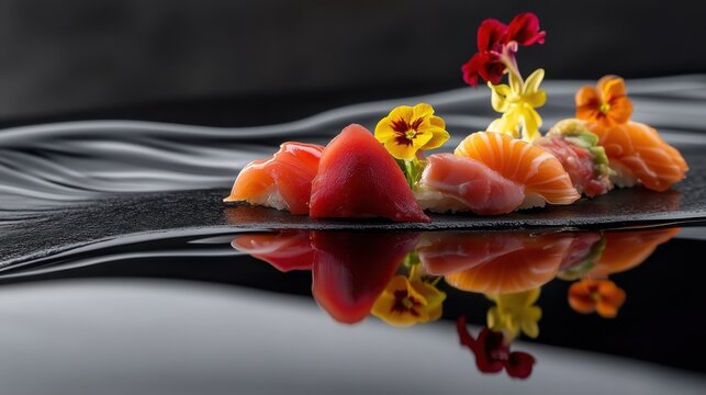 Sushi platter with colorful toppings on black reflective surface, conceptual, surreal photography  