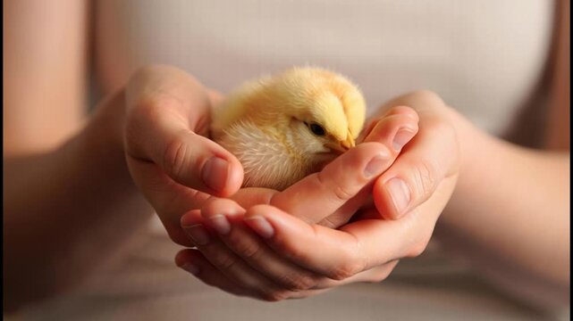 Sweet yellow baby chick sleeping gently cradled in caring hands, conveying tenderness, new life, protection and the soft warmth of spring and easter moments