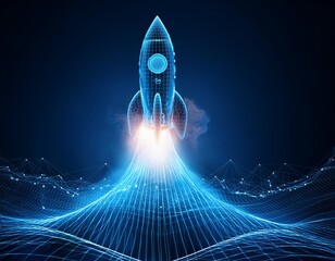 digital rocket launches from dark tech background blue wireframe spacecraft takes off with bright flame clouds below future space travel innovation startup growth concept global data network