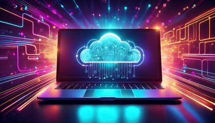laptop with holographic ai cloud storage secure network connection