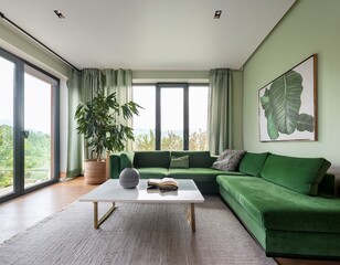 modern living room interior with plush green sectional sofa white coffee table adorned with books potted plant walls feature elegant green paneling two abstract art pieces large windows with