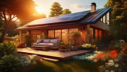 house in the garden with solar panels module warm atmosphere