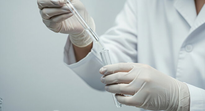 A female scientist wearing gloves and a lab coat drops a clear liquid into a test tube with a pipette. Concept for medical research and pharmaceutical industry development for healthcare.