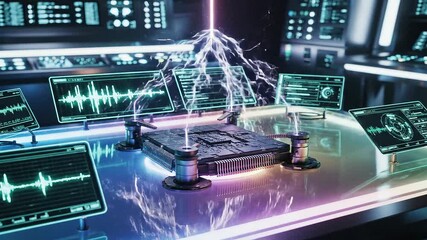 Futuristic high-tech lab with a central processing unit emitting powerful electrical energy, surrounded by multiple screens displaying complex waveform data and scientific readouts.