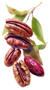 Watercolor a cluster of ripe pecans on a branch with green leaves