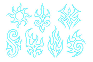 Obraz premium Neon tribal magic symbols collection with glowing sun, fire, and elemental abstract patterns