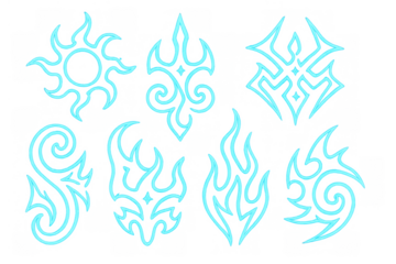 Neon tribal magic symbols collection with glowing sun, fire, and elemental abstract patterns