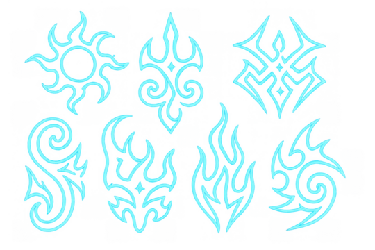 Neon tribal magic symbols collection with glowing sun, fire, and elemental abstract patterns