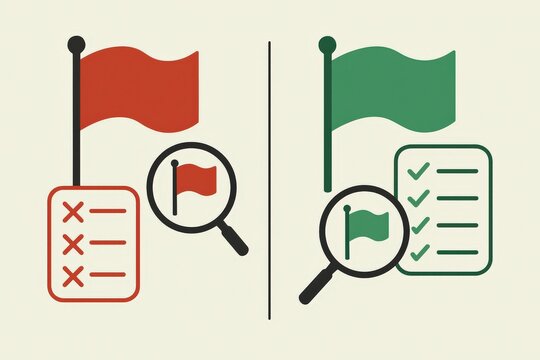Comparative analysis of red and green flags visualizing warning signals and successful checkmarks symbolizing vigilance and assurance in evaluations