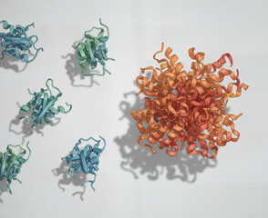Molecular illustration of protein aggregation. Normally folded proteins (blue) compared to misfolded and aggregated proteins (orange), a key process in neurodegenerative diseases.