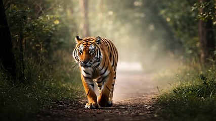 Captivating Journey: Majestic Tiger Strolling Along a Forest Path in Golden Light, Powerful Animal