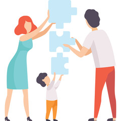 Family Togetherness Building Connection With Puzzle Pieces Across Generations In Light Blue And Teal Tones With Orange Accents And White Background