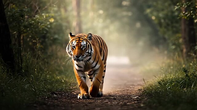 Captivating Journey: Majestic Tiger Strolling Along a Forest Path in Golden Light, Powerful Animal