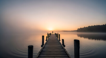Obraz premium Wooden pier extending to horizon at sunrise on foggy lake
