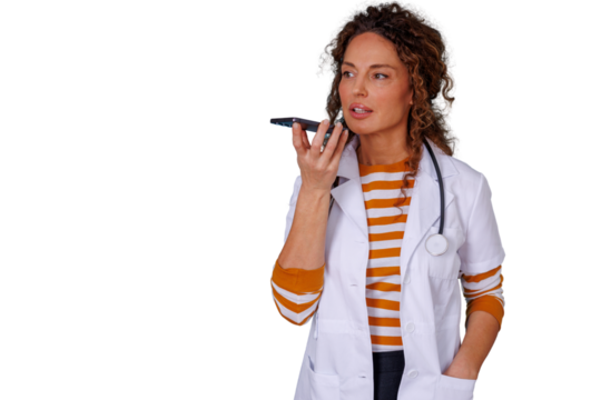 Female doctor recording voice message on mobile phone, telemedicine consultation, healthcare communication, transparent background